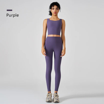 Europe and the United States women's yoga suit training rib-neck sleeveless tank top and sport fitness pants wear outside