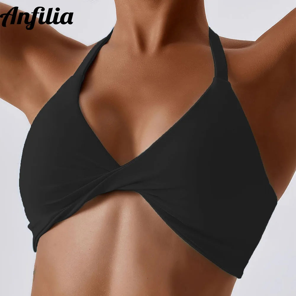 Anfilia Women Sports Bras Solid Halter Neck High Elastic With Removable Padded Gym Crisscross Strappy Back Yoga Running Tops