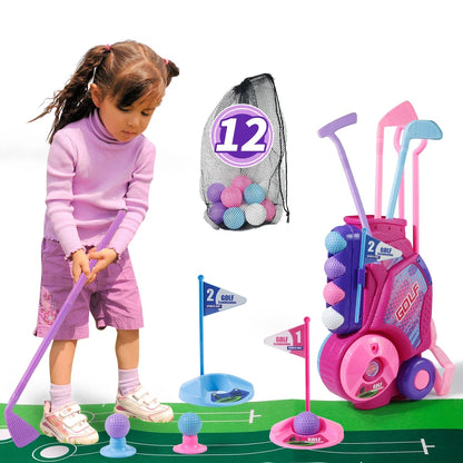 Pink Golf Toy Set with 12 Balls, Portable Golf Cart, Unique Shoulder Strap - Indoor Outdoor Sports Toy, Christmas, Thanksgiving