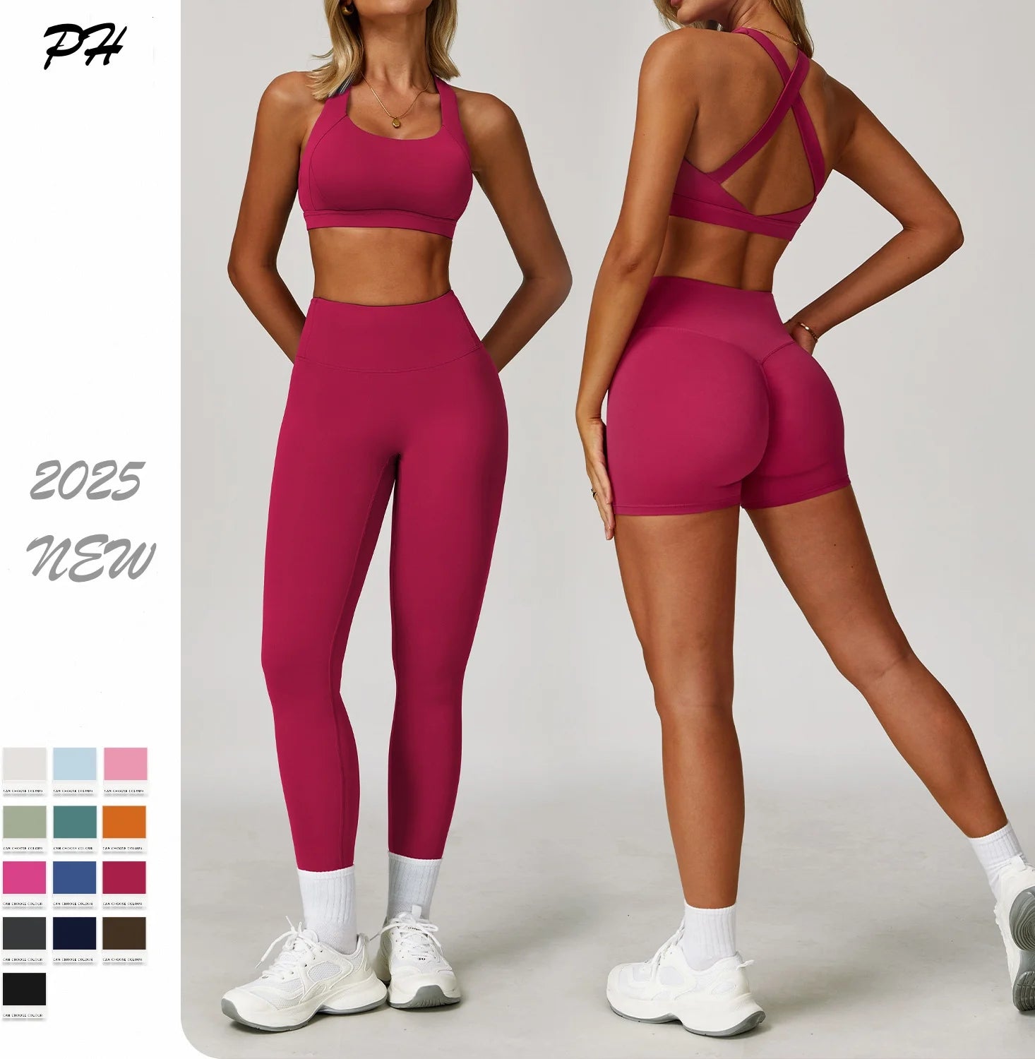 2Pcs Yoga Sets Nude Workout Clothes Women's Tracksuit Sportswear Gym Clothing High Waist Tight Sports Pants Cross Back Bras Suit
