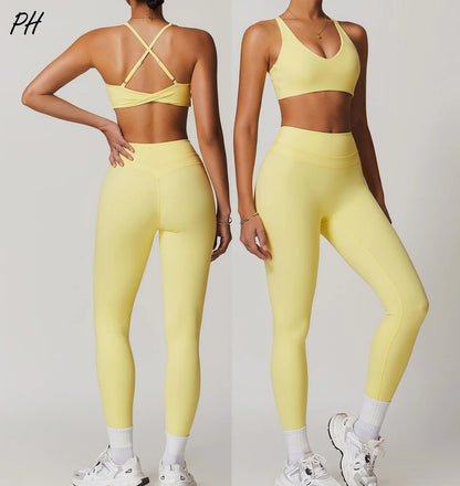 Women Gym Yoga Fitness Sportswear 2Pcs Set Solid Running Workout Sport Clothing Tights Elastic Tracksuit Sexy Yoga Sport Set New