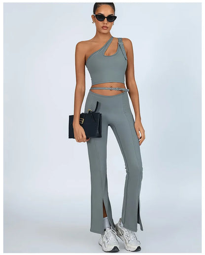 Yoga Set Sleeveless Single Shoulder Top High-Waisted Bootcut Leggings Built-In Bra Butt-Lifting Workout Outfit Gym Fitness