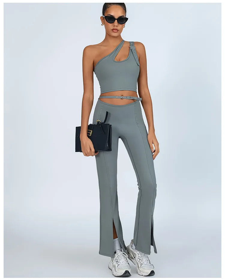 Yoga Set Sleeveless Single Shoulder Top High-Waisted Bootcut Leggings Built-In Bra Butt-Lifting Workout Outfit Gym Fitness