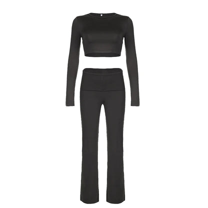 HEYounGIRL Basic Casual Women Fitness Two Piece Set Long Sleeve Cropped Top and Low Waist Fitted Trousers Yoga Clothing Sporty