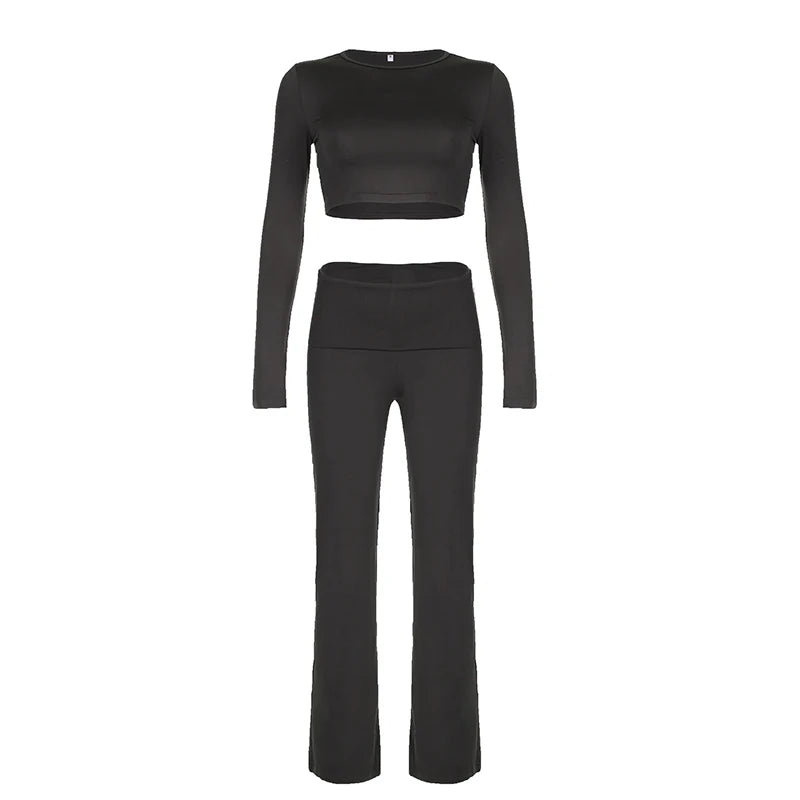 HEYounGIRL Basic Casual Women Fitness Two Piece Set Long Sleeve Cropped Top and Low Waist Fitted Trousers Yoga Clothing Sporty