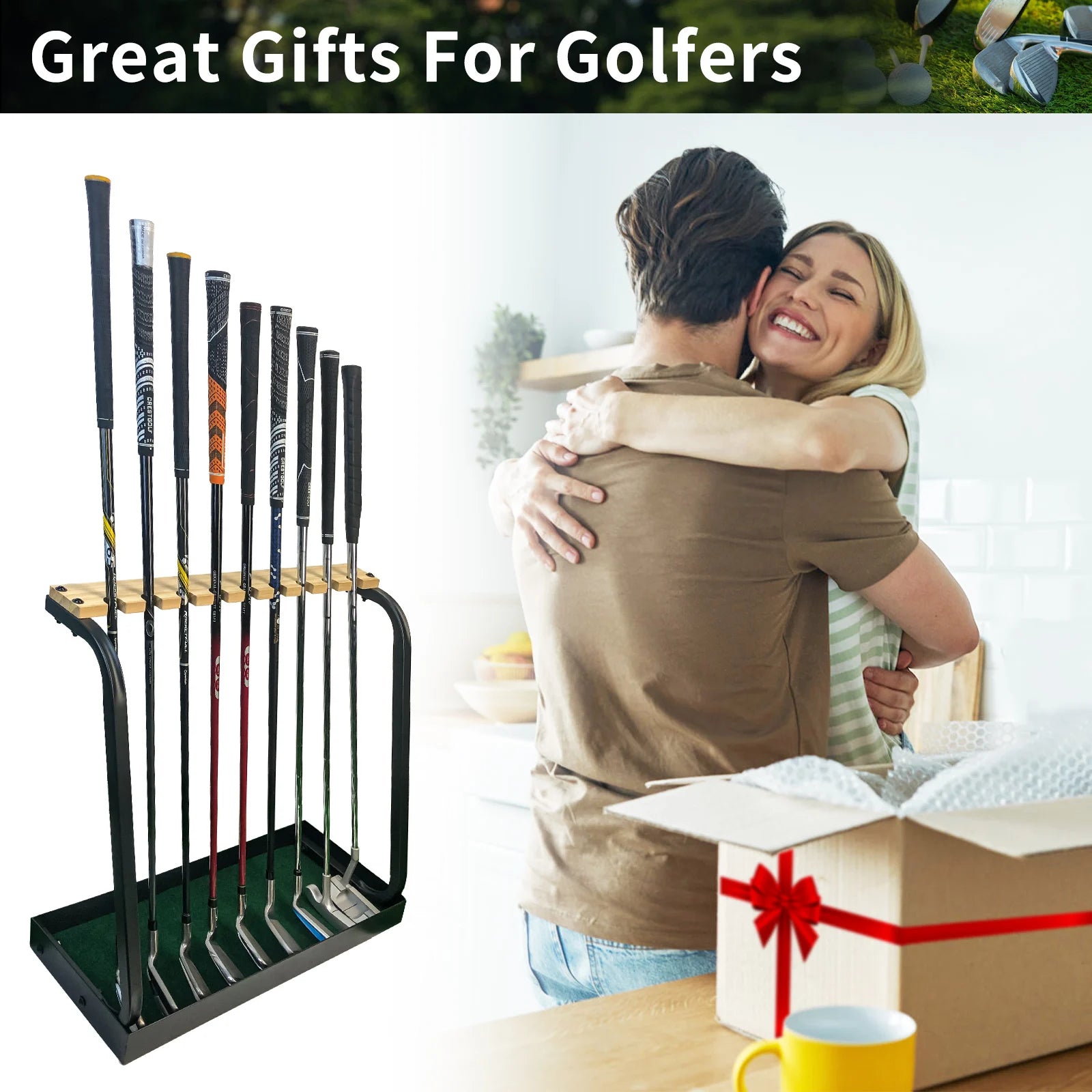 Golf Club Holder Wooden Golf Club Rack for 9 Golf Clubs Golf Putter Stand Display Organizer for Storage Indoor Home Garage