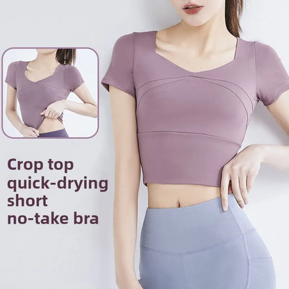 Fashion Yoga Clothing Short Yoga Top Stretch with Chest Pad Sports Tights Nude Yoga Short Sleeve