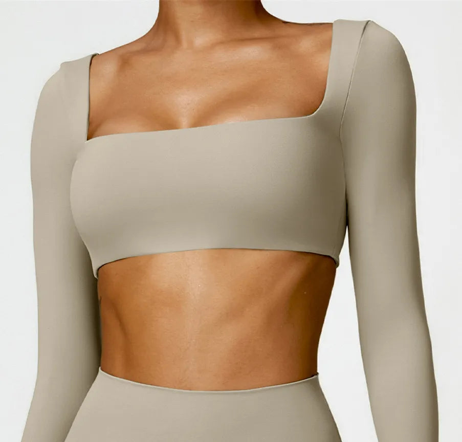 Nude Yoga Clothing Sets Women Long Sleeve Crop Tops Tight Shorts Suit Quick Dry Tracksuit Fitness Workout Outfits Gym Wear New