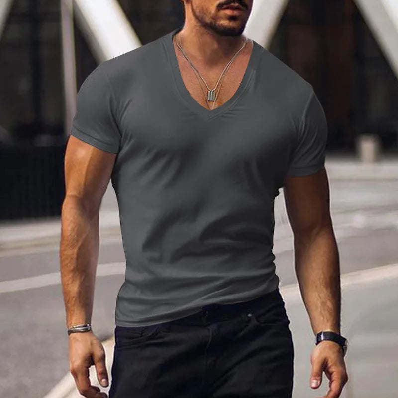 Tops Tees V Neck Short Sleeve Slim Fit T-shirt Men Casual Summer T Shirt  Short Sleeve T Shirt Men's