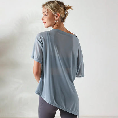 Women Yoga Shirts Thin Loose See-Through Sport Tops Breathable Short Sleeve Running T-shirt Forked Gym Fitness Top Blouse Female