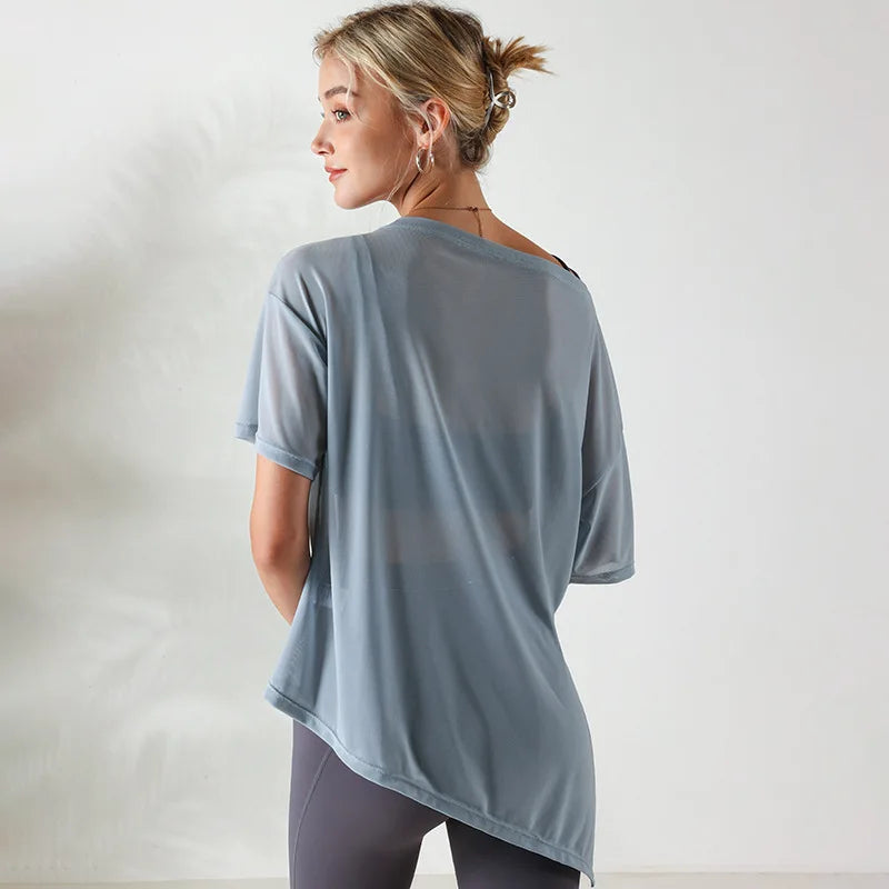 Women Yoga Shirts Thin Loose See-Through Sport Tops Breathable Short Sleeve Running T-shirt Forked Gym Fitness Top Blouse Female
