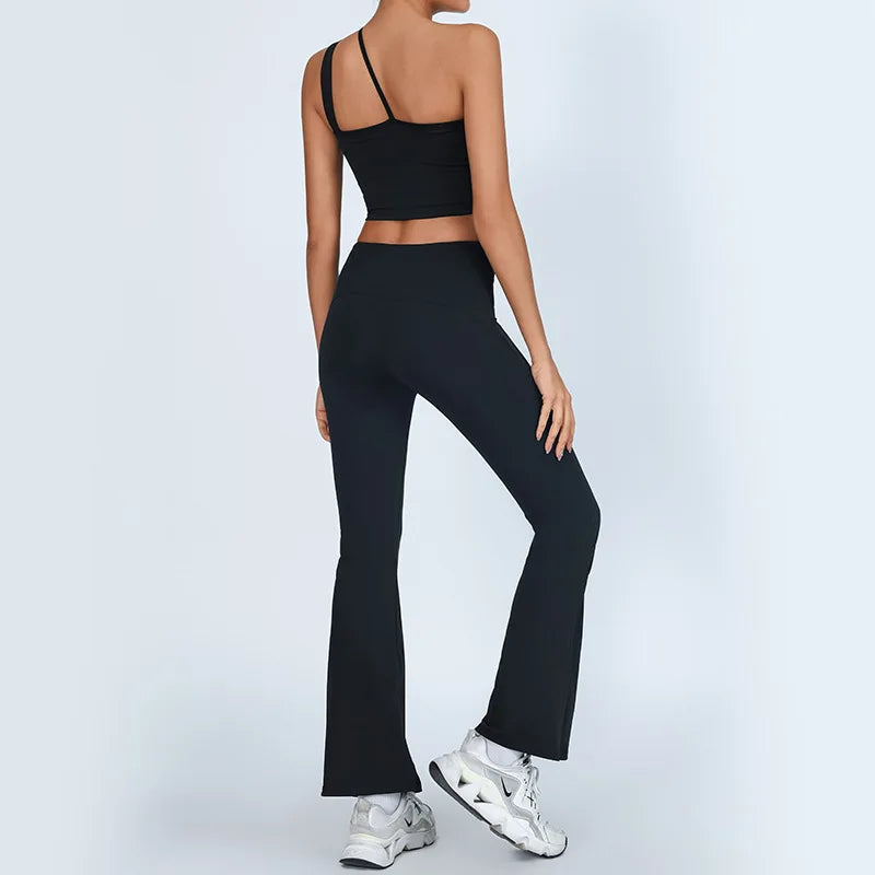 Yoga Set Sleeveless Single Shoulder Top High-Waisted Bootcut Leggings Built-In Bra Butt-Lifting Workout Outfit Gym Fitness