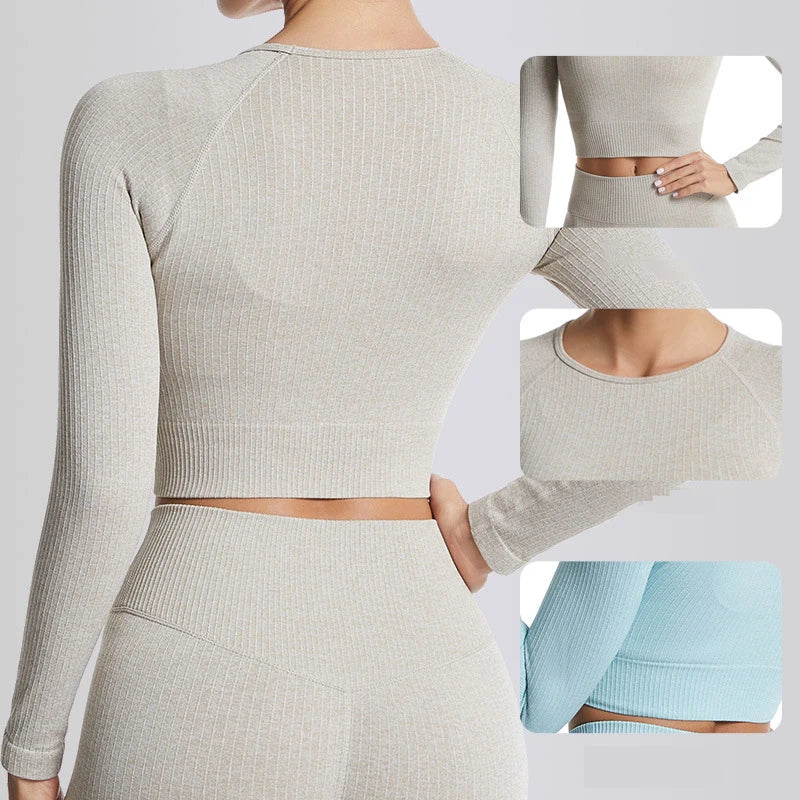 Yoga Lady Long-Sleeved Clothing Thread Big Size Sports Corsetry Yoga Dress Female Solid Color Navel Crop Top Fitness Slim-fit