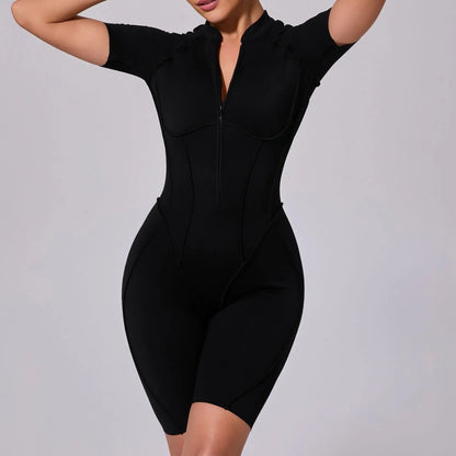 Seamless Yoga Jumpsuits Sports Fitness Zipper Hip-lifting Short-sleeved Backless Dance Workout Gym Shorts Bodysuits for Women