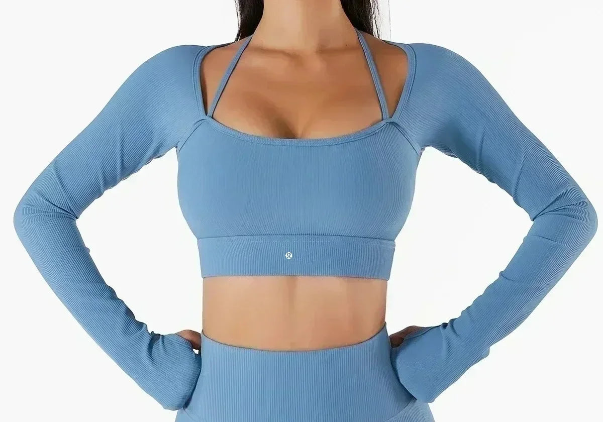 Europe and the United States threaded yoga clothing long-sleeved sports yoga vest one-piece yoga trousers female fitness