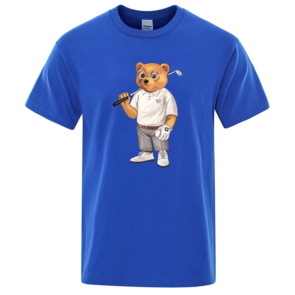 Gentleman Ted Bear Playing Golf Men T Shirts Summer Cotton Sweat T-Shirts Breathable Loose Clothes Hip Hop Street Short Sleeve