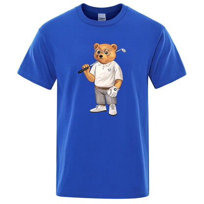 Gentleman Ted Bear Playing Golf Men T Shirts Summer Cotton Sweat T-Shirts Breathable Loose Clothes Hip Hop Street Short Sleeve