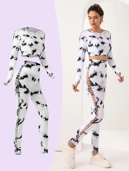 2Pcs Yoga Suit Women's sportswear Workout Long Sleeve with Thumb hole Side hollowing Yoga Pants and Tops Fashion Sport Clothing