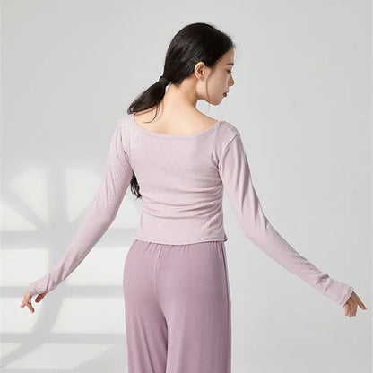 Adult Modern Dance Practice Clothes V Neck Finger Sleeve Autumn Winter Tops Women Slim Elegant Yoga Costume Performance Clothing