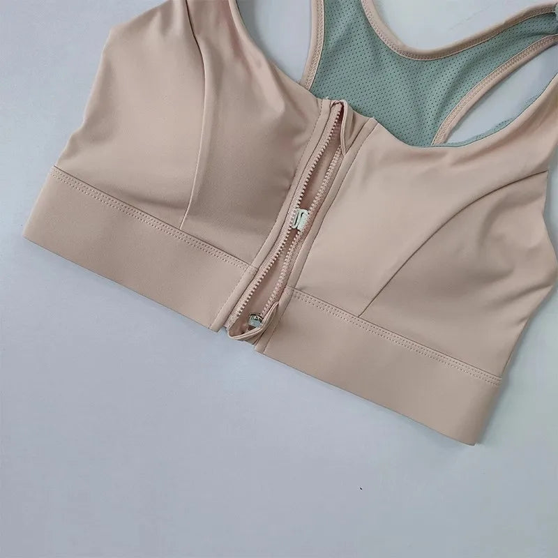 Large Size Women's Sports Fitness Bra Shock-Absorbing Gathered Front Zipper Design No Buckle Needed for Comfortable Fit
