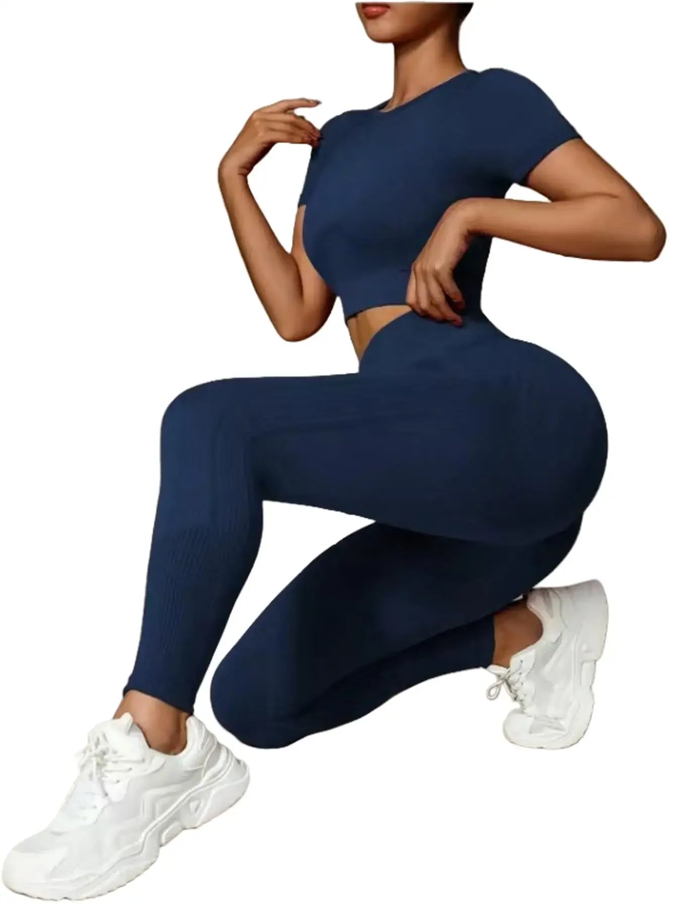 Fashionable women's two-piece high elastic seamless yoga suit sportswear, slim short-sleeved top, high waist pants,