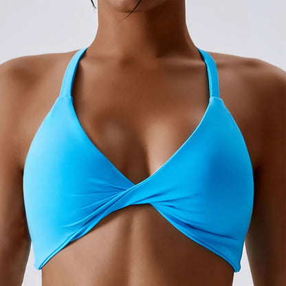 Anfilia Women Sports Bras Solid Halter Neck High Elastic With Removable Padded Gym Crisscross Strappy Back Yoga Running Tops