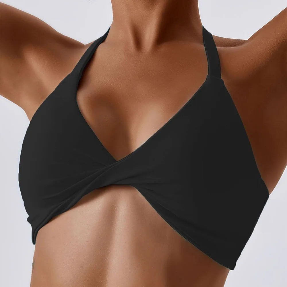 Anfilia Women Sports Bras Solid Halter Neck High Elastic With Removable Padded Gym Crisscross Strappy Back Yoga Running Tops