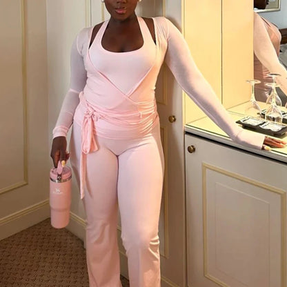 Yoga Workout Outfits Ladies Casual Slim Fit Bandage Crop Tops T-shirt + Fitness Legging Pants Women 2 Piece Sporty Matching Set