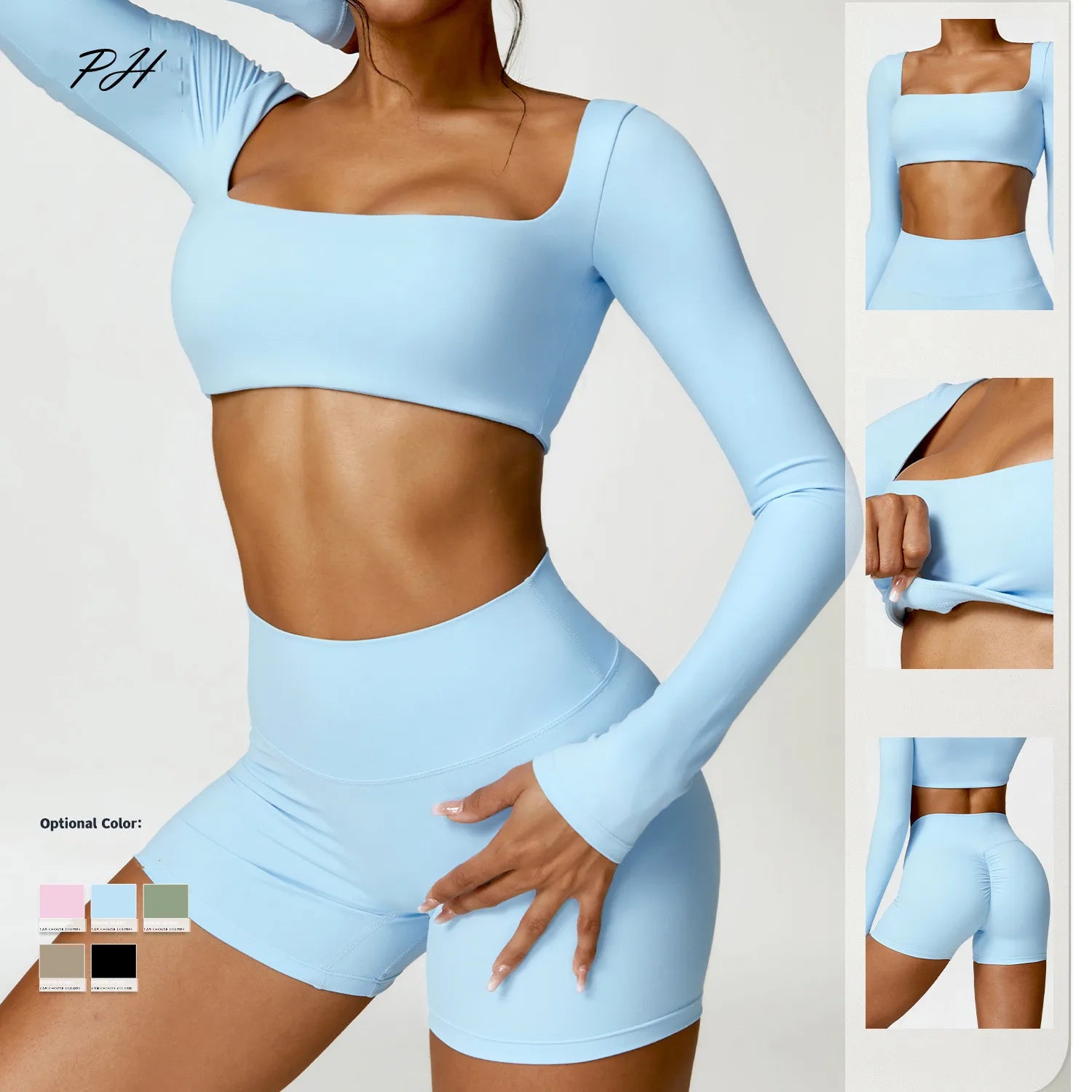 Nude Yoga Clothing Sets Women Long Sleeve Crop Tops Tight Shorts Suit Quick Dry Tracksuit Fitness Workout Outfits Gym Wear New