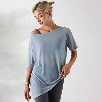 Women Yoga Shirts Thin Loose See-Through Sport Tops Breathable Short Sleeve Running T-shirt Forked Gym Fitness Top Blouse Female