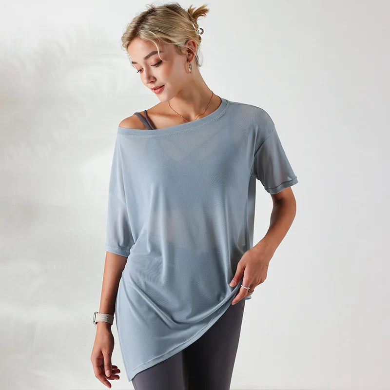 Women Yoga Shirts Thin Loose See-Through Sport Tops Breathable Short Sleeve Running T-shirt Forked Gym Fitness Top Blouse Female