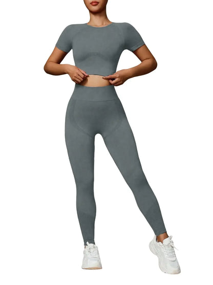 Fashionable women's two-piece high elastic seamless yoga suit sportswear, slim short-sleeved top, high waist pants,