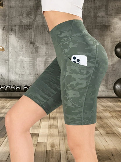 1 pair of women's camouflage printed yoga shorts, high waistband pocket tight shorts, slim fit sports and fitness shorts