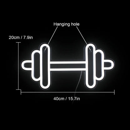 Gym Neon Sign White Barbell Dumbbell Shape Neon Sign USB Port Wall Neon Sign for Health Club Room Decoration and Game Room Decor