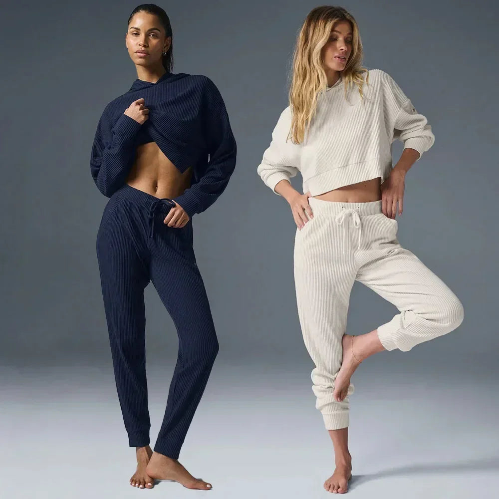 AL Yoga Set Muse Hoodie Jogger Style Loose Comfortable Short Hooded Sweatshirt Women's Sweatpant Threaded Split Fitness Set