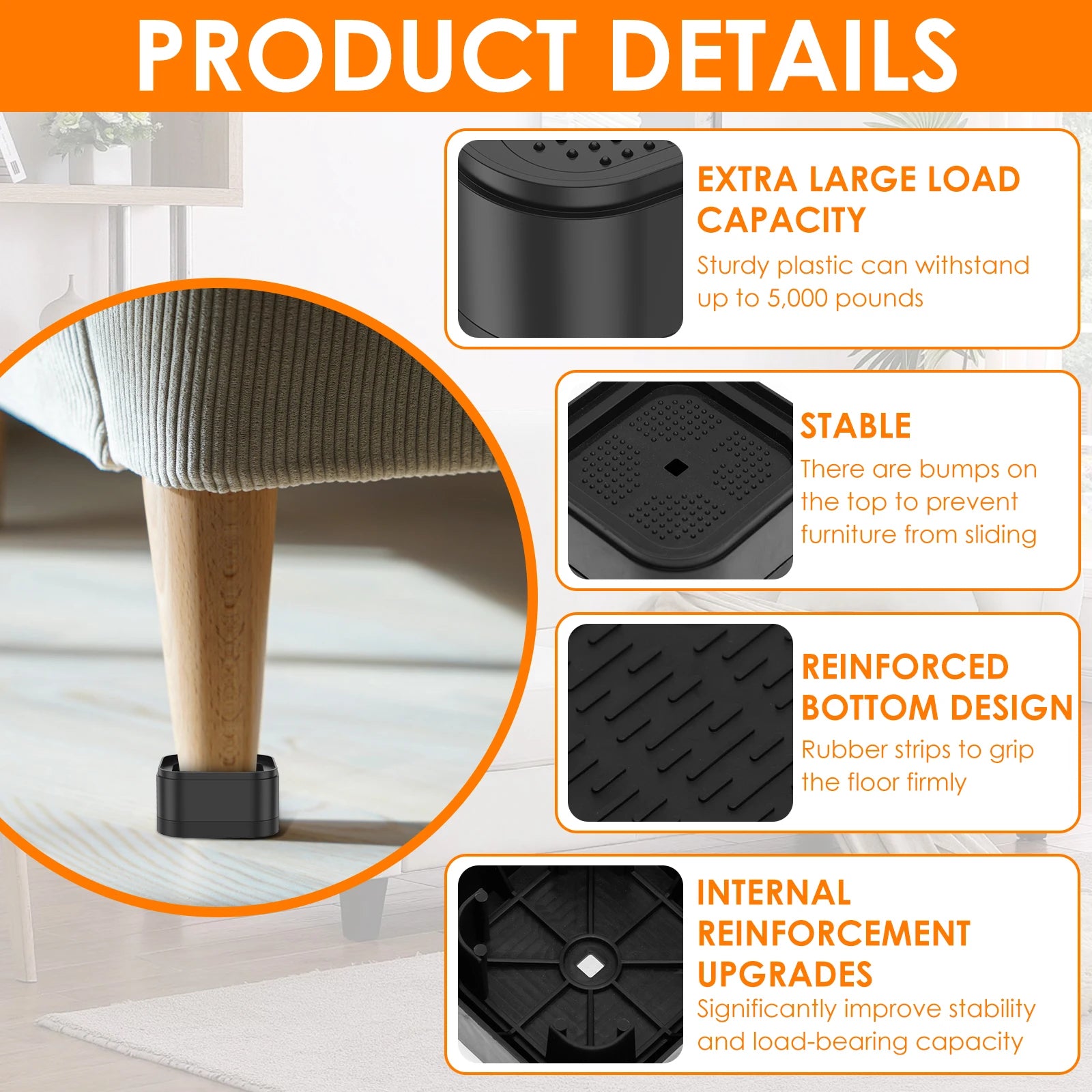 8/16Pcs Furniture Risers Plastic Stackable Bed Raising Blocks with Nonslip Bottom Stable Desk Leg Riser for Sofa Washing Machine