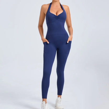 Fashion Sexy Sports Jumpsuit with Pocket Women Sportswear One Piece Gym Yoga Clothing Backless Scrunch Fitness Overalls Push Up
