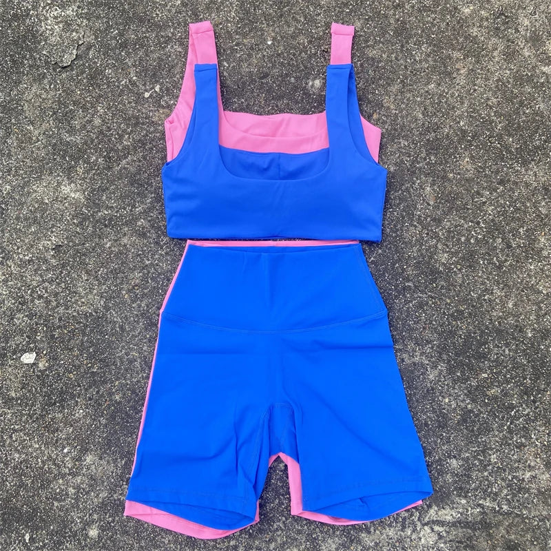 Yoga Shorts Set Gym Sports Set Women Clothes 2 Piece Fitness Suit Sports Bra Top High Waist Short Legging Running Tracksuit