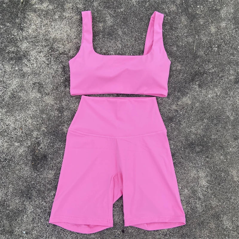 Yoga Shorts Set Gym Sports Set Women Clothes 2 Piece Fitness Suit Sports Bra Top High Waist Short Legging Running Tracksuit