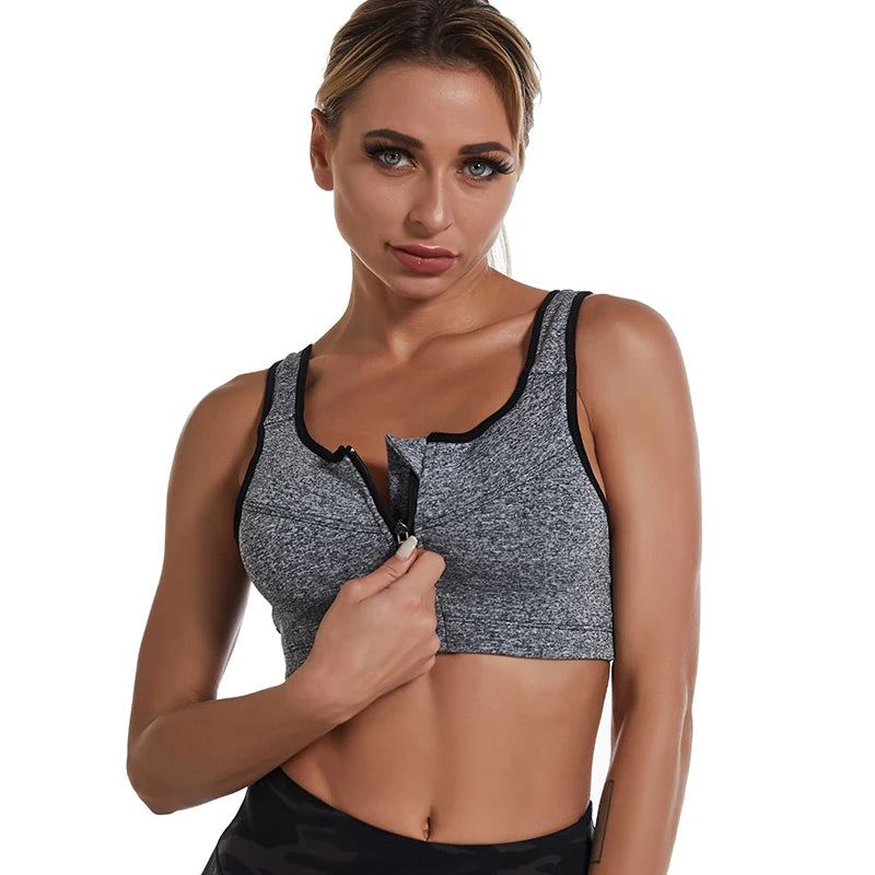 Plus Size Women Zipper Sports Bra Shockproof Tank Top Yoga Underwear for Sporty Bodybuilding Running Sport Bras