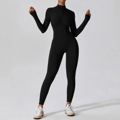Yoga Jumpsuit Long Sleeved Zipper Training Rompers Sportswear Gym Fitness Workout Clothes Running Sports Long Pants Bodysuits
