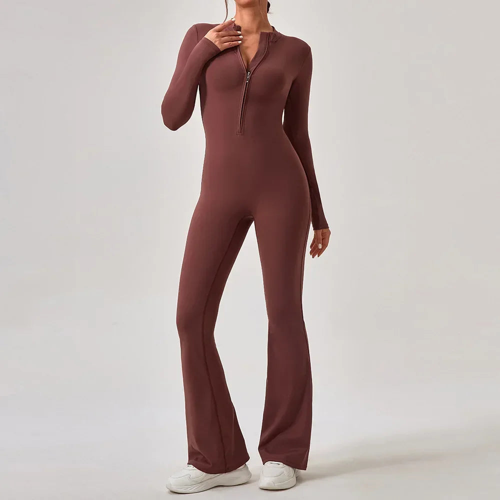Yoga Jumpsuit Women's Sport Bodysuit Solid Color Zipper Long Sleeve Pants Bell-bottoms Sexy Slimming Fitness Wear 2025 New