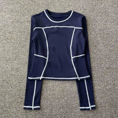 Curved yoga clothing for women; long-sleeved training tops that are quick-drying, slimming, and fashionable; suitable for runnin