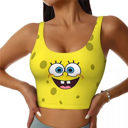 SpongeBobed Anime Cartoon Womens' Sports Bra Longline Wirefree Padded with Medium Support Yoga Sport Bras With Removable Cups