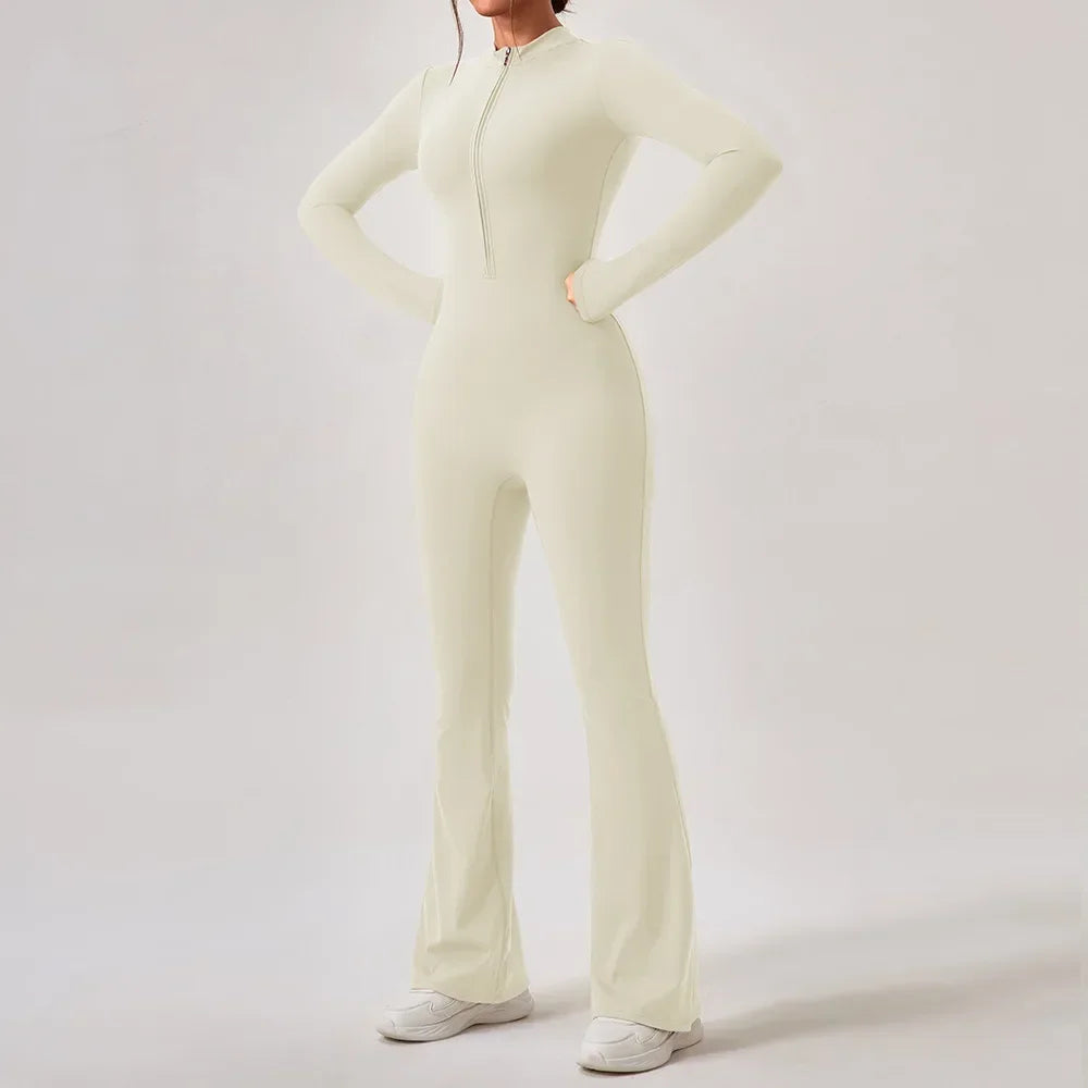 Yoga Jumpsuit Women's Sport Bodysuit Solid Color Zipper Long Sleeve Pants Bell-bottoms Sexy Slimming Fitness Wear 2025 New