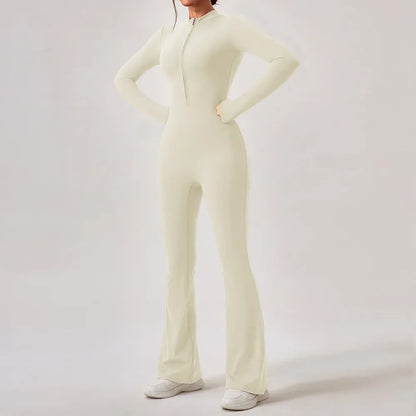 Yoga Jumpsuit Women's Sport Bodysuit Solid Color Zipper Long Sleeve Pants Bell-bottoms Sexy Slimming Fitness Wear 2025 New