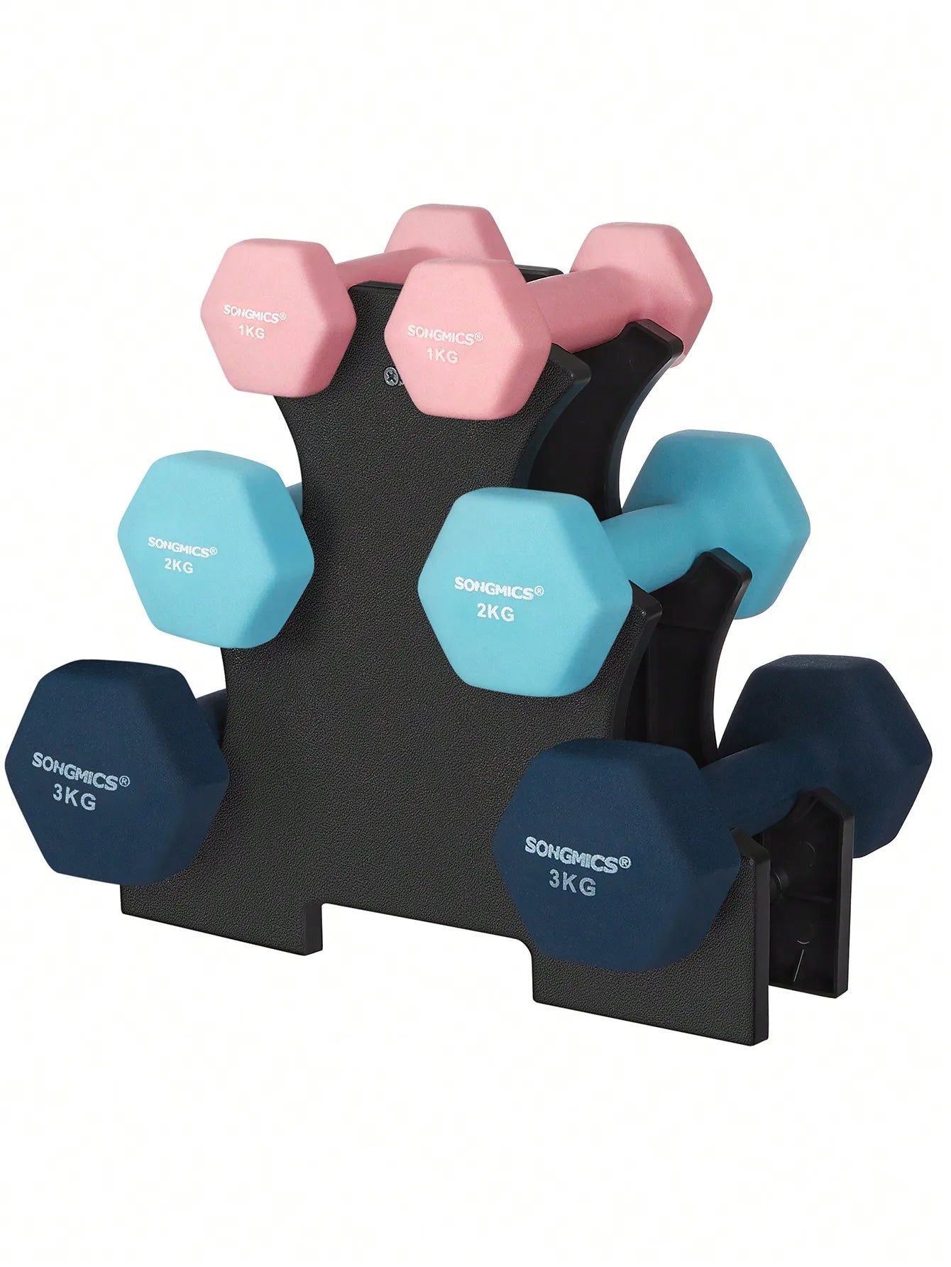 SONGMICS Dumbbell Set, dumbbells, Hexagon, with Dumbbell stand, 2x1 kg, 2x2 kg, 2x3 kg, lime green, aquamarine, Gray
