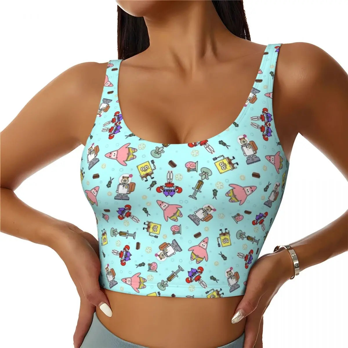 SpongeBobed Anime Cartoon Womens' Sports Bra Longline Wirefree Padded with Medium Support Yoga Sport Bras With Removable Cups