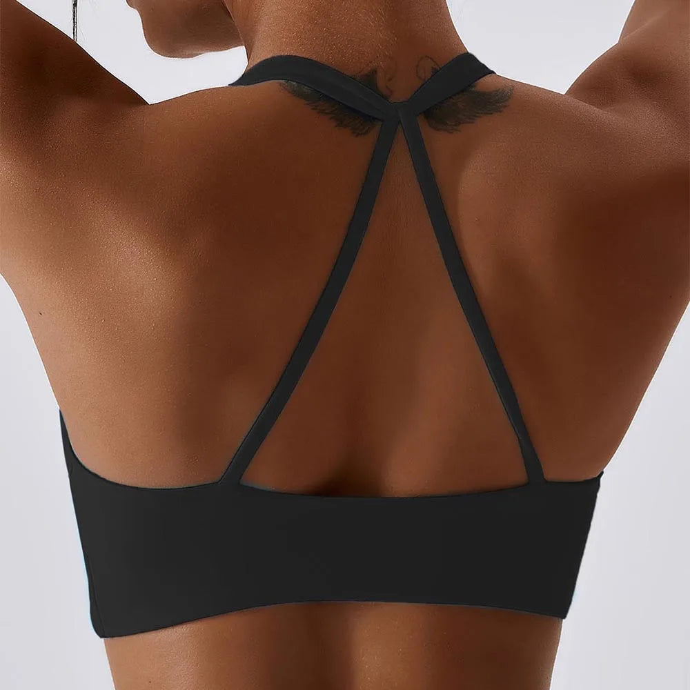 Anfilia Women Sports Bras Solid Halter Neck High Elastic With Removable Padded Gym Crisscross Strappy Back Yoga Running Tops