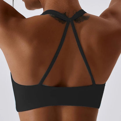Anfilia Women Sports Bras Solid Halter Neck High Elastic With Removable Padded Gym Crisscross Strappy Back Yoga Running Tops